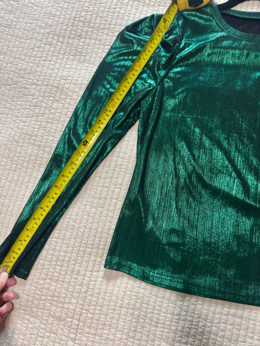 SHEIN Green Metallic Puff Shoulder Long Sleeve Top - Picture 7 of 8